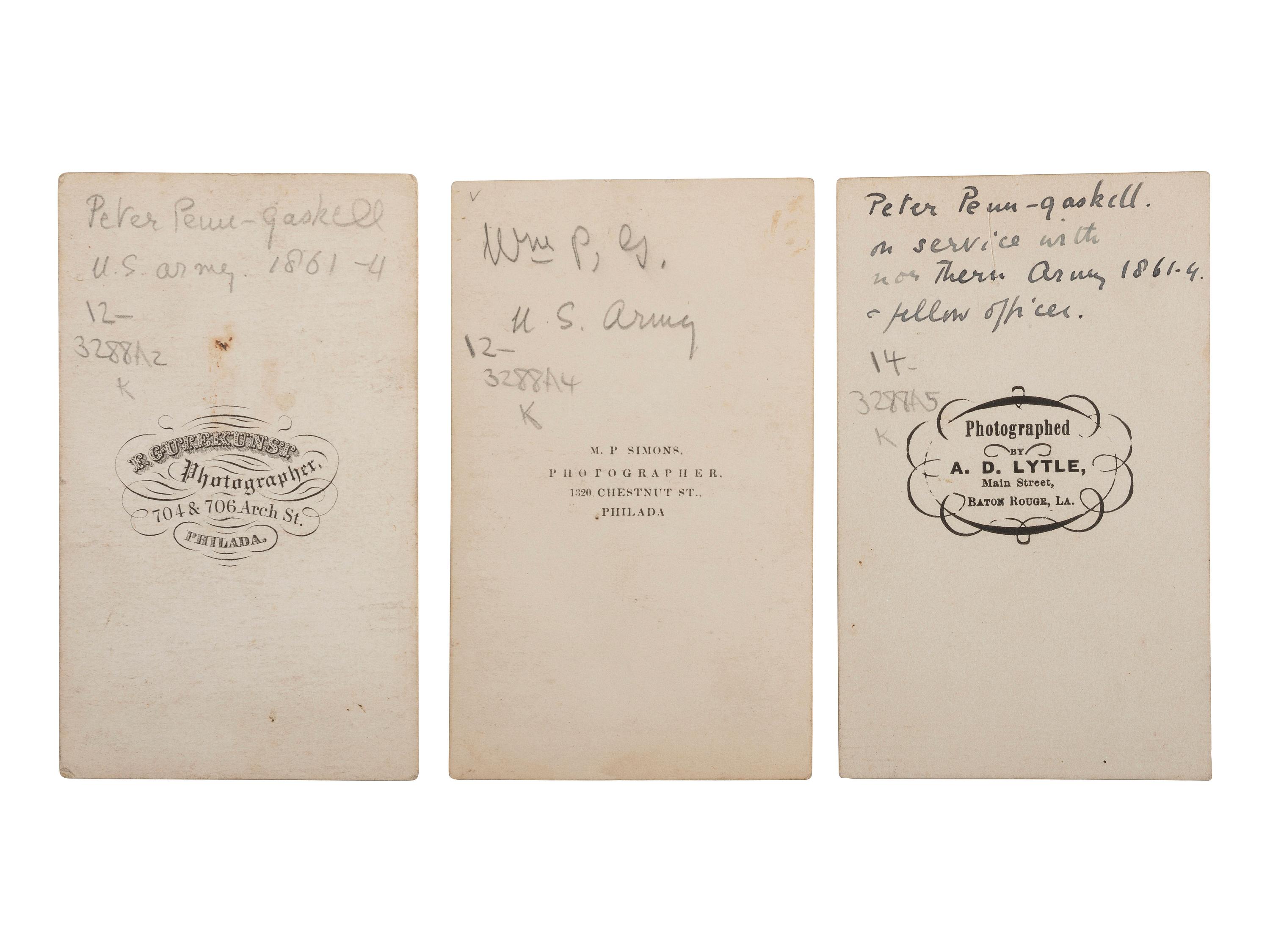 [CIVIL WAR]. A group of 3 CDVs, including portraits of Peter Penn-Gaskell, 1st New Jersey Cavalry and 2nd Louisiana Cavalry.