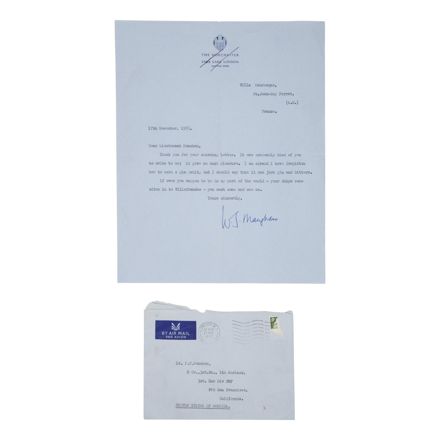 Maugham, W. Somerset (1874-1965). Typed letter signed ("W.S. Maugham") to Lieutenant P.C. Monahan, The Dorchester, Park Lane, London [Villa Mauresque, St. Jean Cap-Ferrat], 17 November 1955.