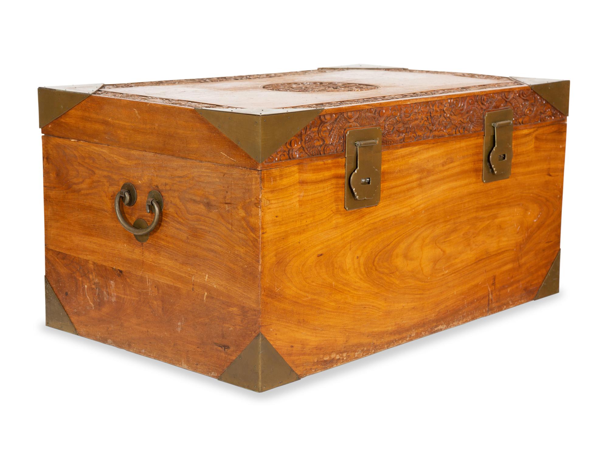 A Korean Brass Mounted Carved Hardwood Blanket Chest