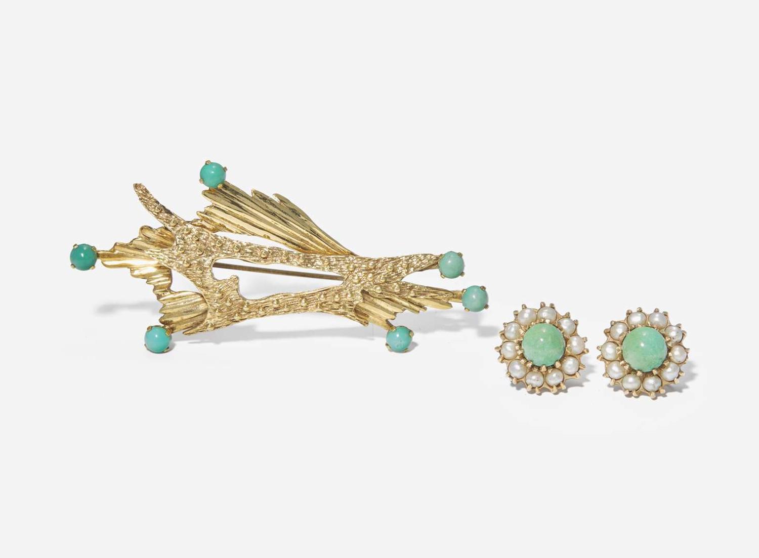A Pair of 14K Yellow Gold and Turquoise Ear Clips with Matching Brooch