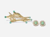 A Pair of 14K Yellow Gold and Turquoise Ear Clips with Matching Brooch