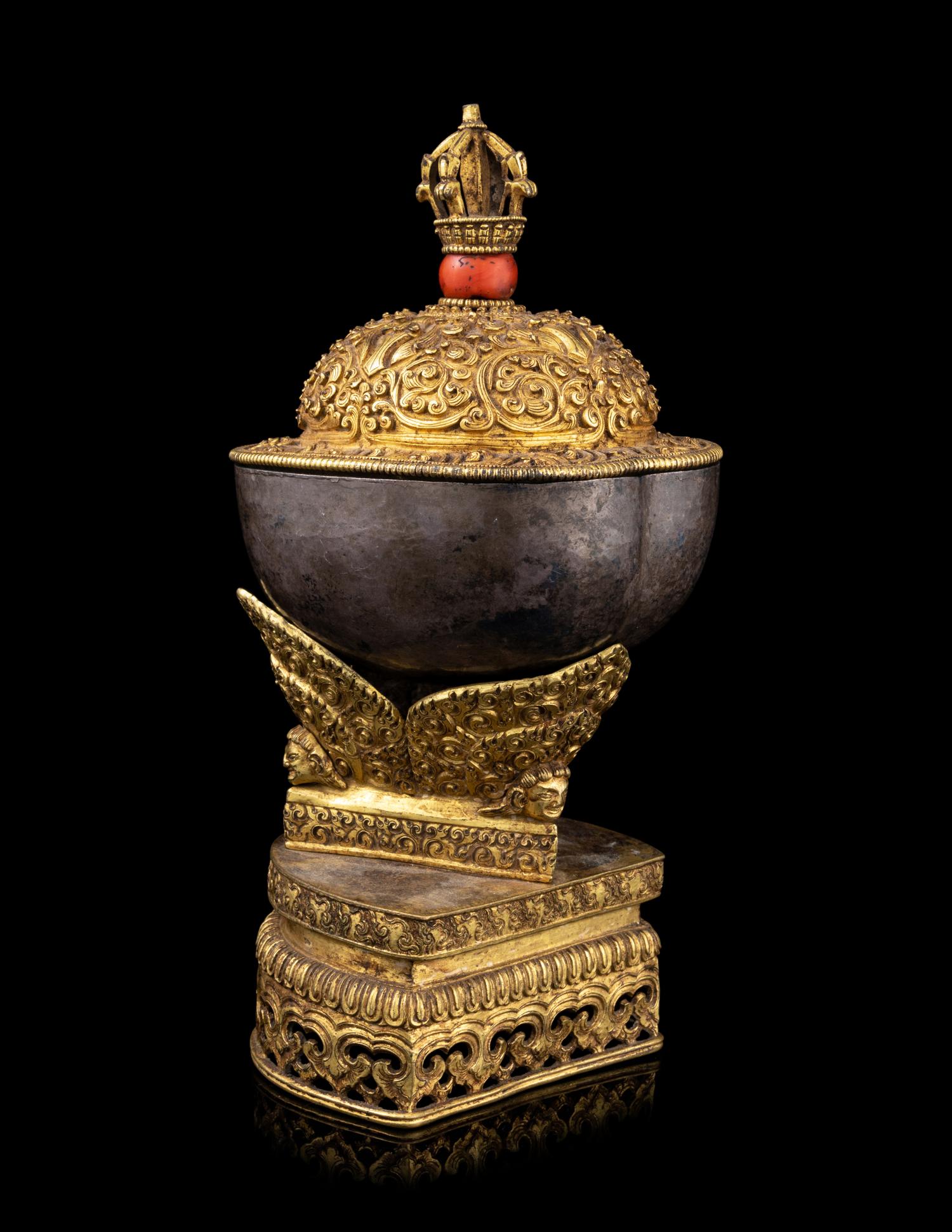 A Tibetan Coral Inset Silver and Gilt Bronze Kapala Bowl