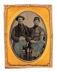 [CIVIL WAR]. Quarter plate tintype of a pair of Union pards sharing a drink.