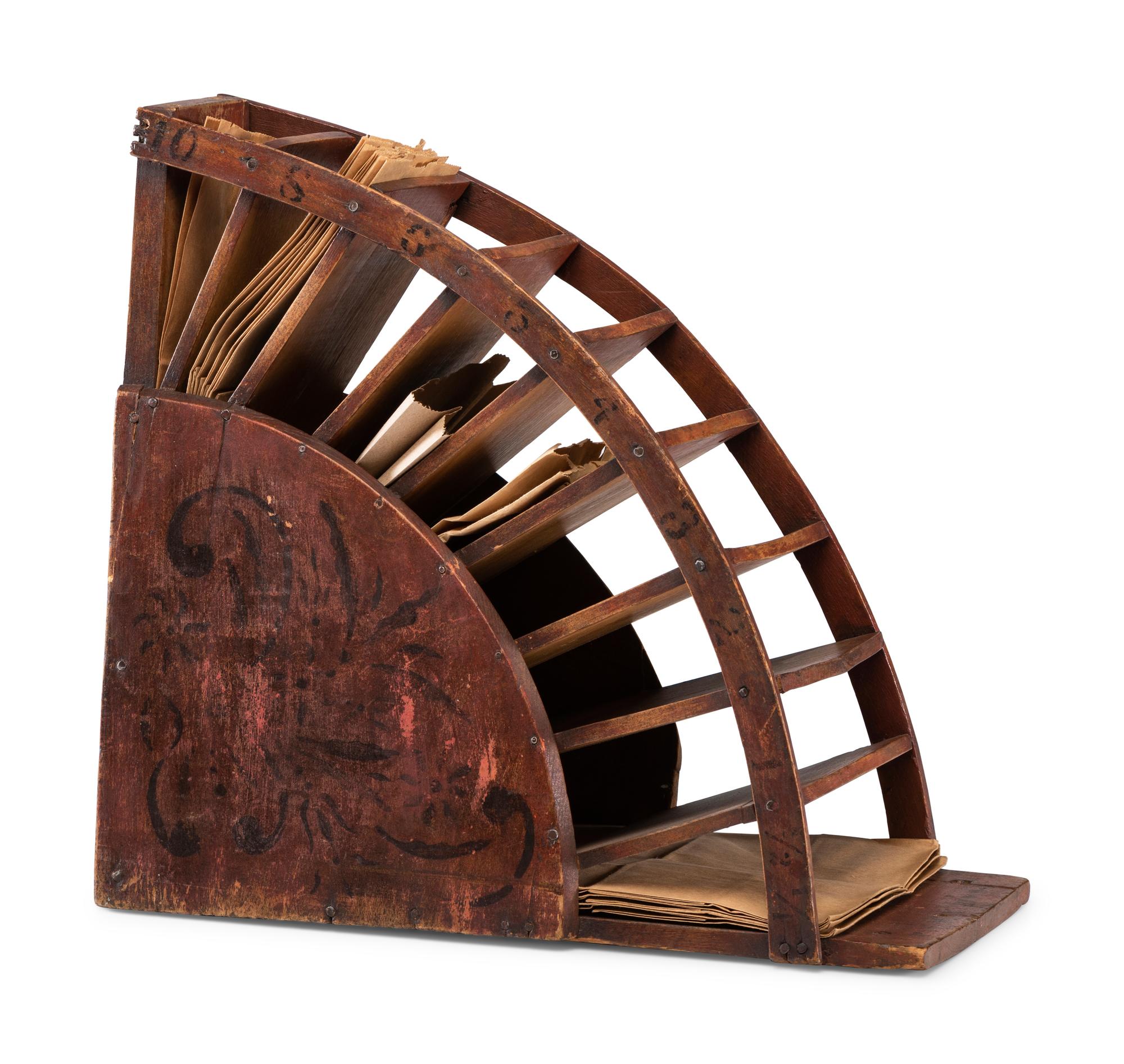 A Stenciled Wood Stratton & Bird Countertop Bag Rack