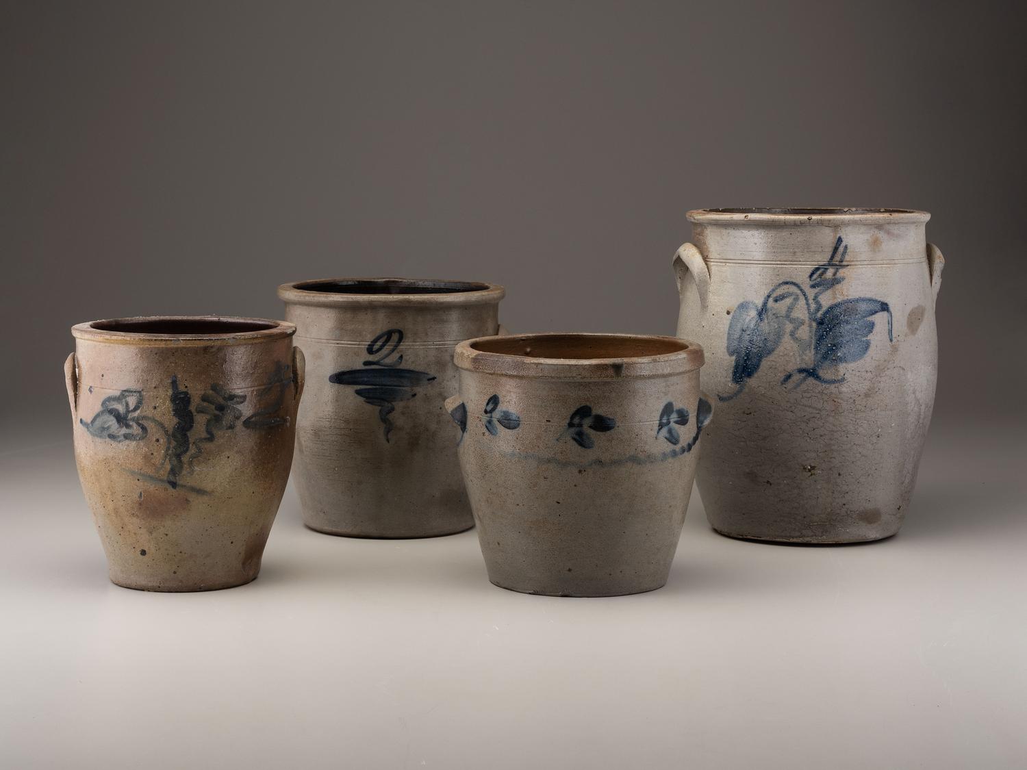 Four Cobalt Decorated Stoneware Crocks
