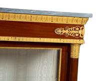 A Pair of Empire Style Gilt Bronze Mounted Mahogany Marble Top Vitrine Cabinets