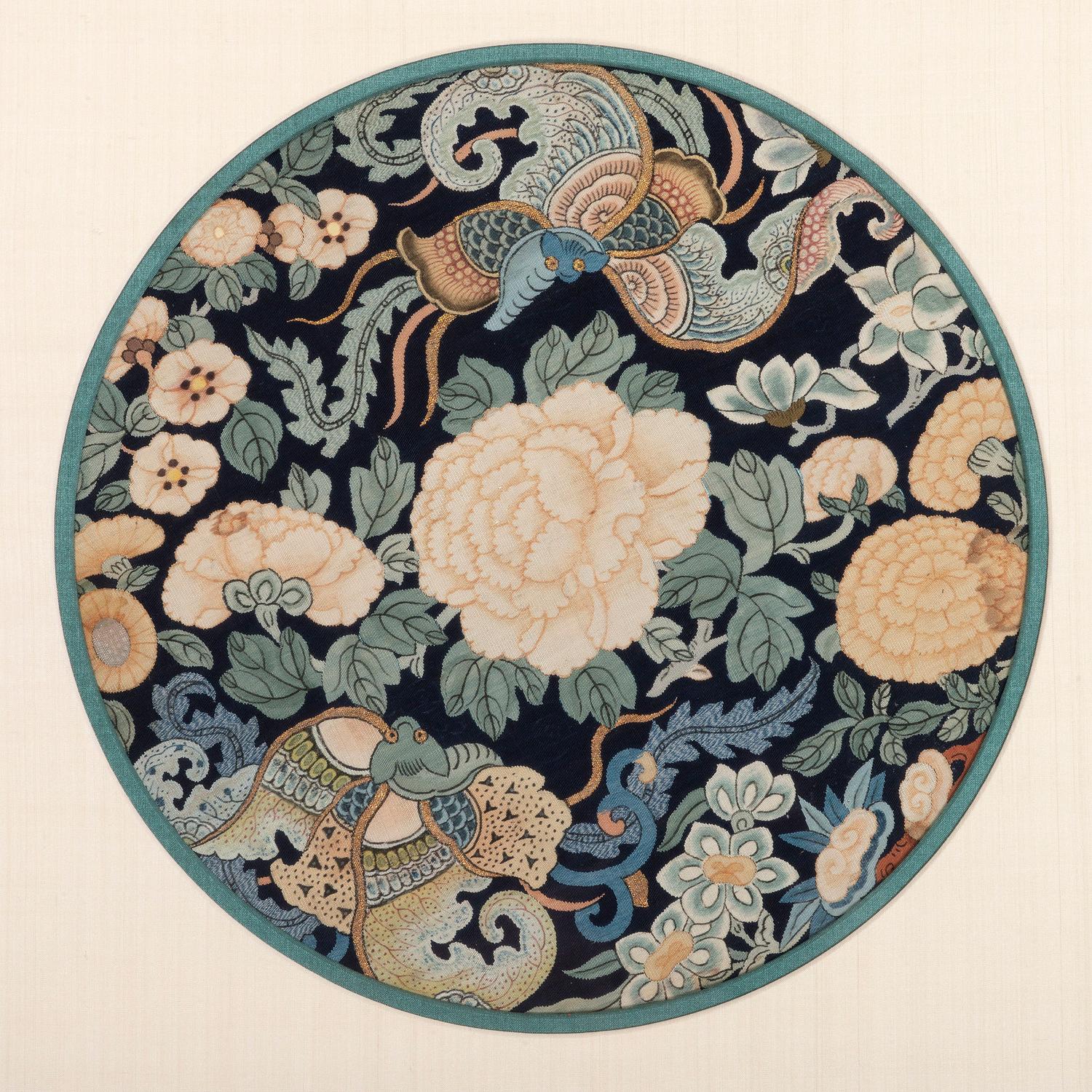 Four Blue Ground Kesi Woven Silk Circular Panels