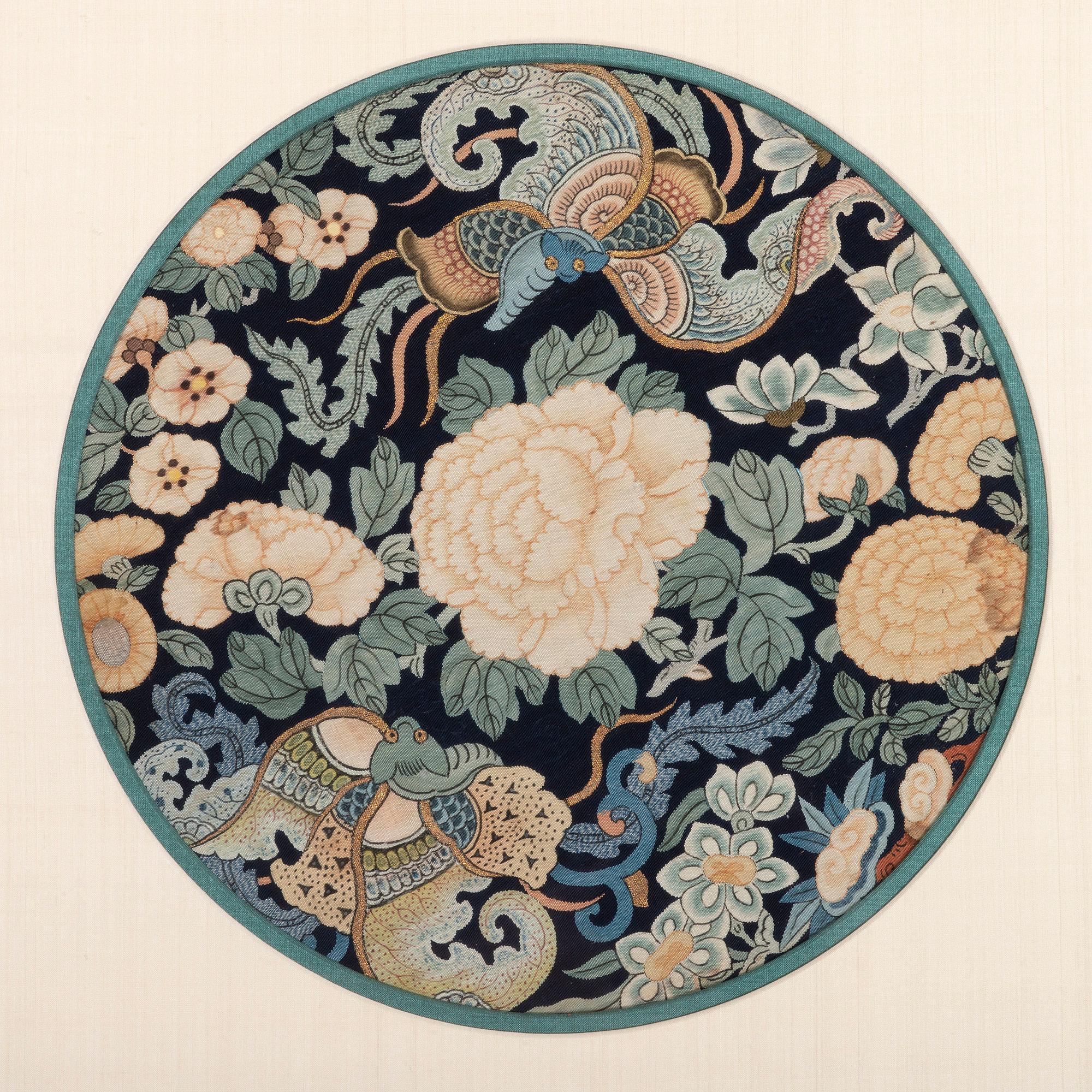 Four Blue Ground Kesi Woven Silk Circular Panels