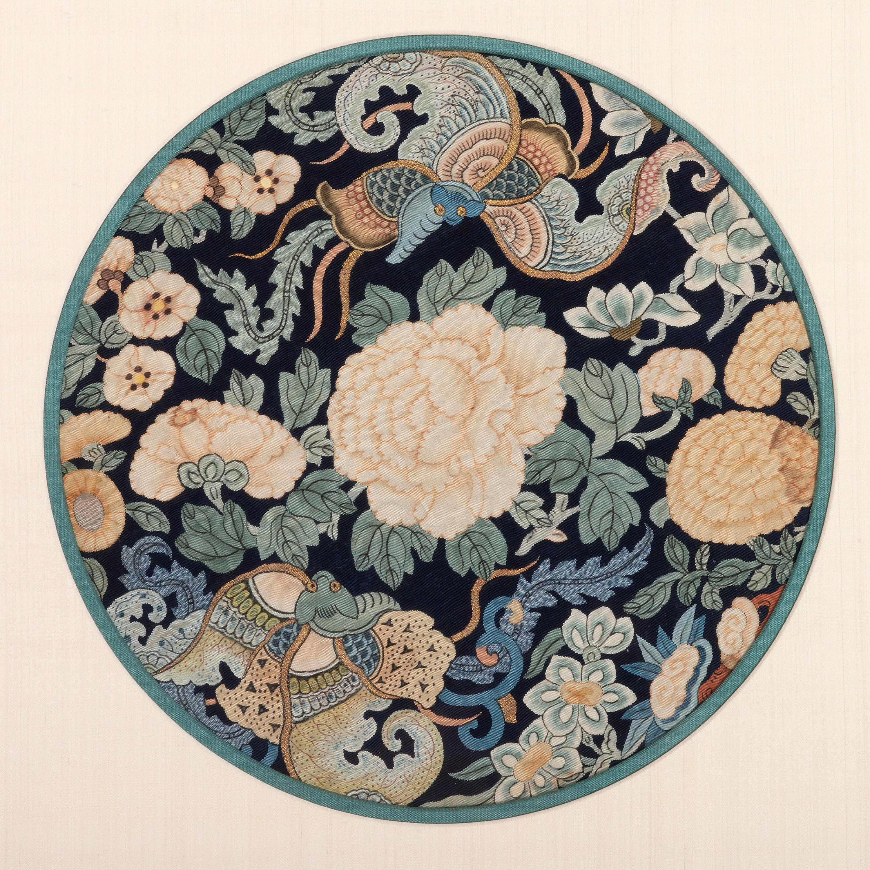 Four Blue Ground Kesi Woven Silk Circular Panels