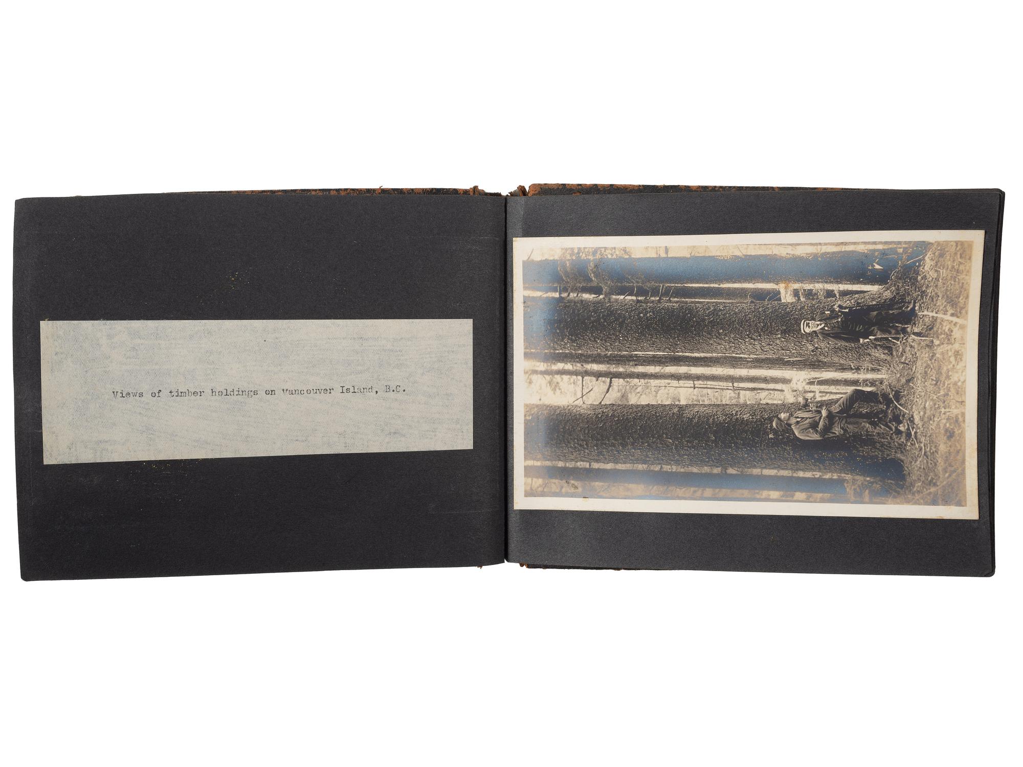 [EARLY PHOTOGRAPHY - OCCUPATIONAL]. American Timber Holding Co. photograph album featuring images from the Pacific Northwest, including:
