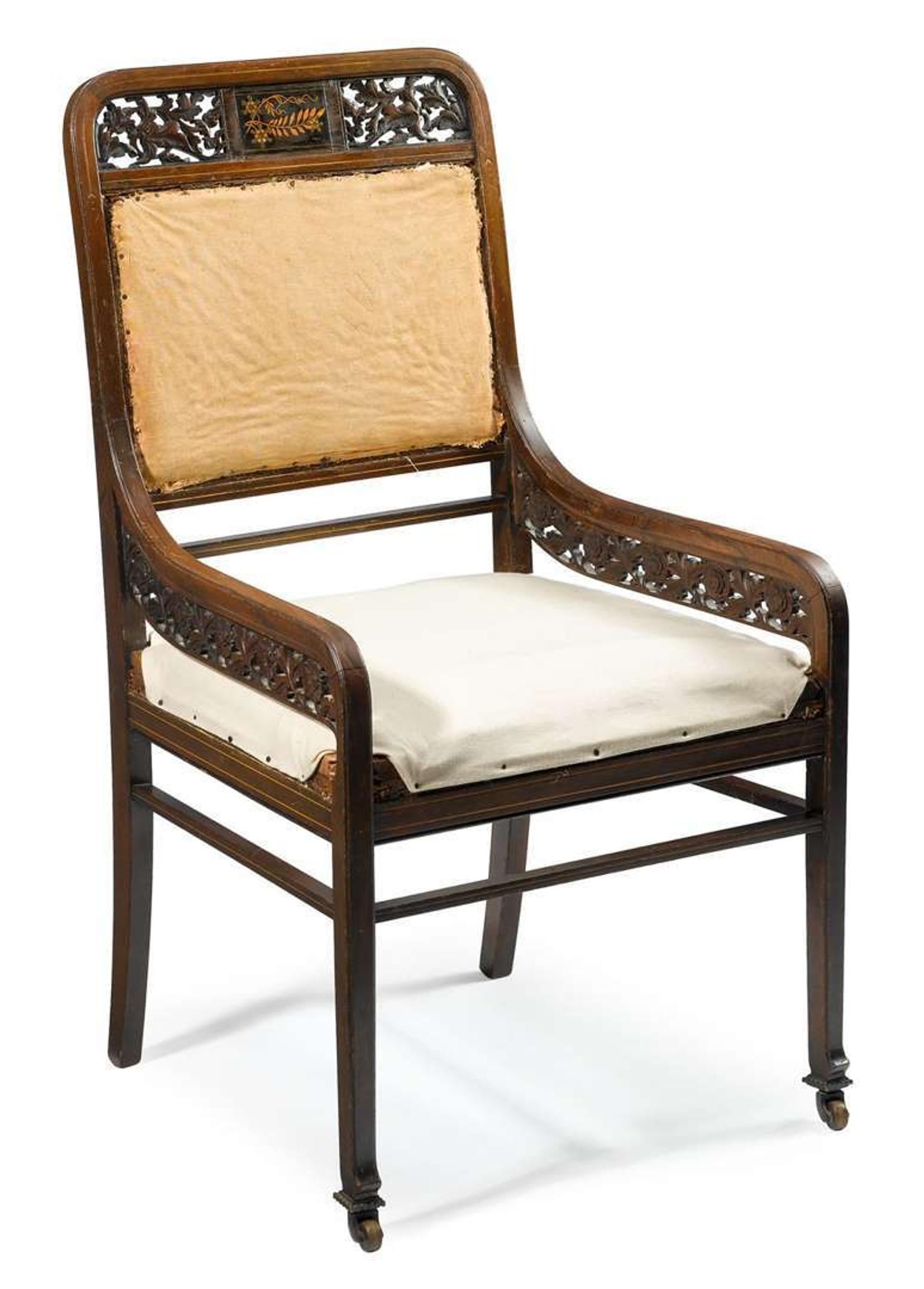 Aesthetic Movement carved and inlaid rosewood armchair attributed to pottier & stymus, new york, ny, circa 1880