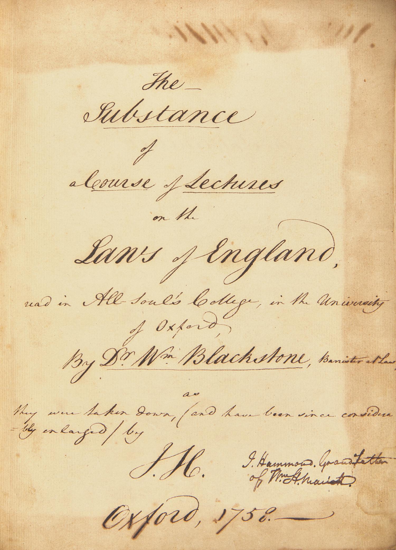 [Blackstone, William] Hammond, John. Contemporary Manuscript Lecture Notes