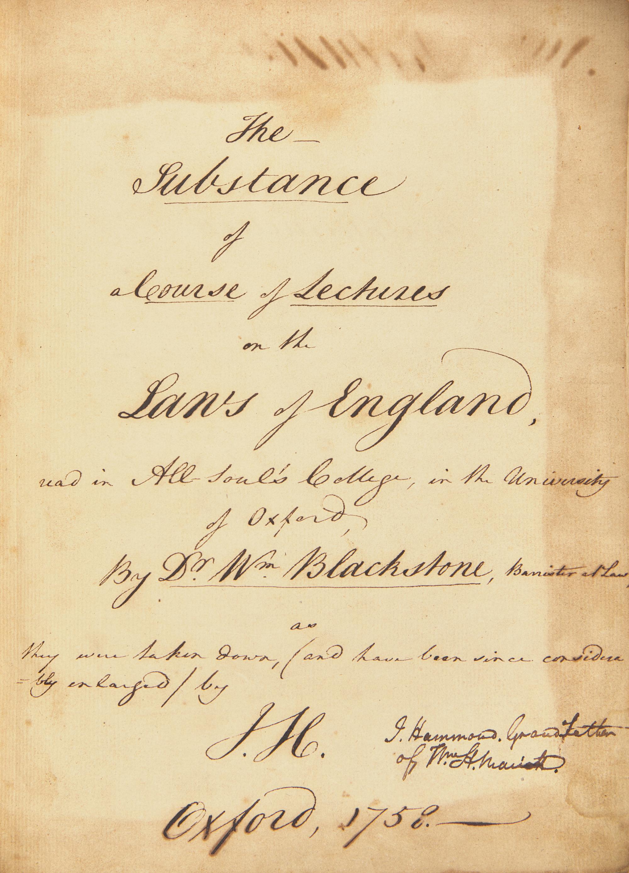 [Blackstone, William] Hammond, John. Contemporary Manuscript Lecture Notes