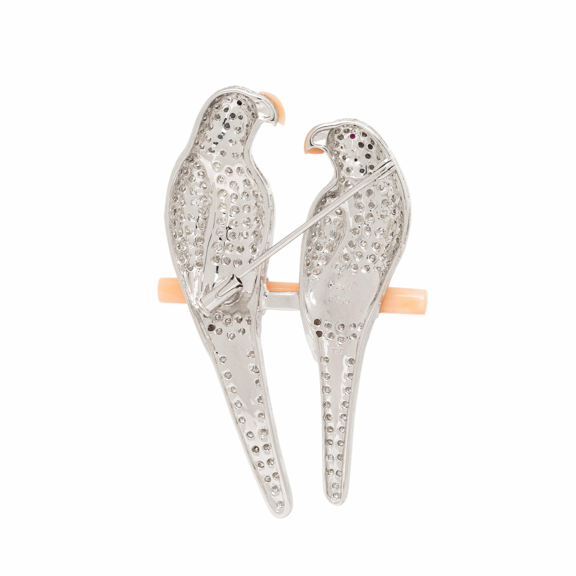 Diamond, Coral, and White Gold Lovebirds Brooch