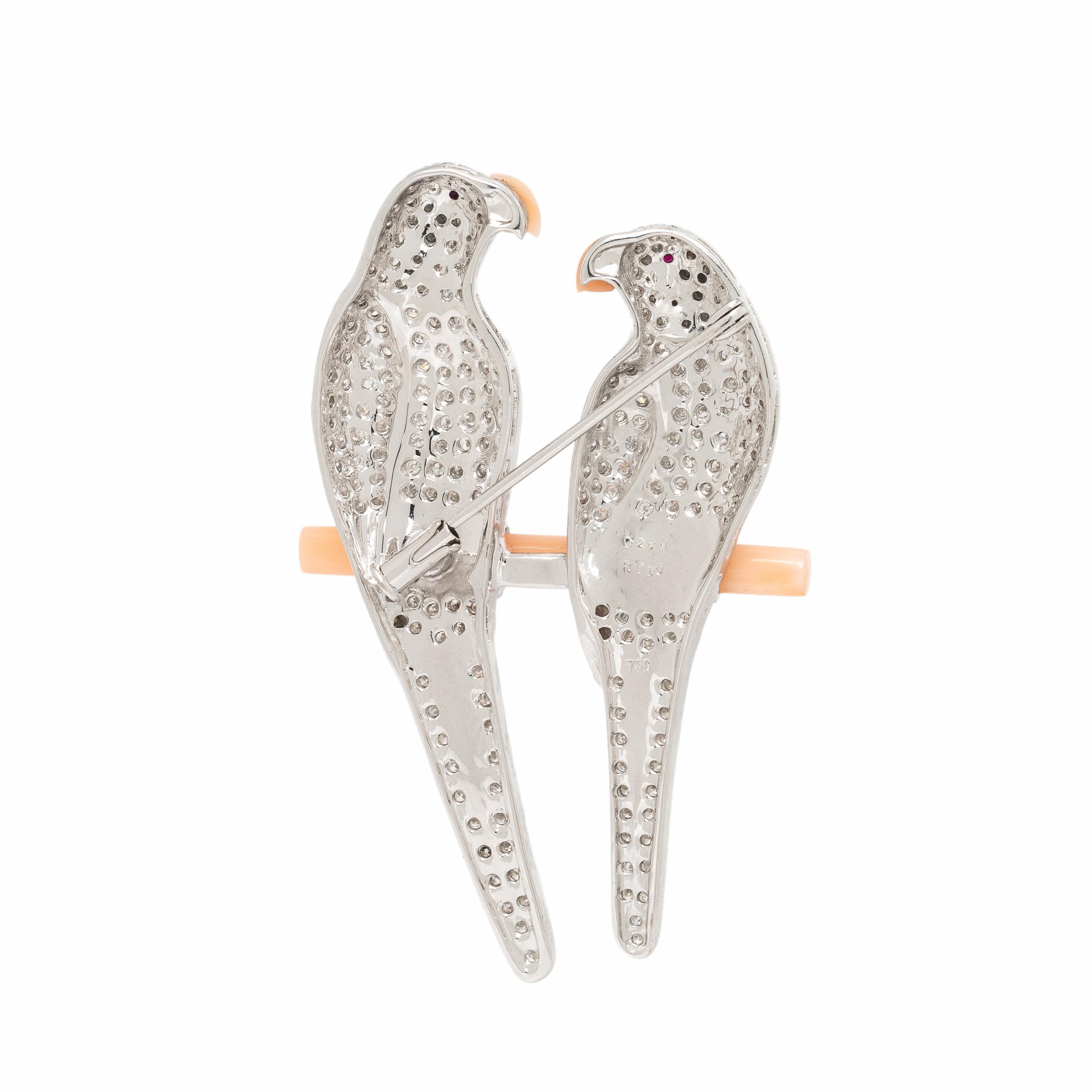 Diamond, Coral, and White Gold Lovebirds Brooch