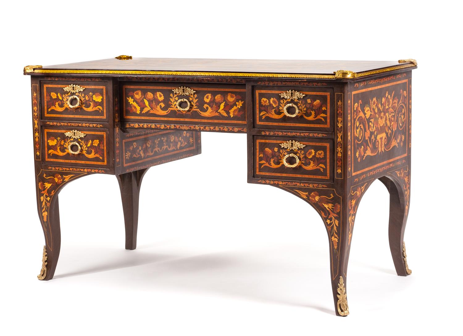 A Louis XV Style Marquetry and Gilt Bronze Mounted Bureau Plat Height 31 1/2 x width 51 x depth 28 inches.