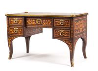 A Louis XV Style Marquetry and Gilt Bronze Mounted Bureau Plat Height 31 1/2 x width 51 x depth 28 inches.