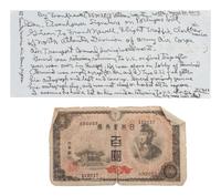 [EISENHOWER, DWIGHT D. (1890-1969)]. Autograph on Portuguese bank note obtained by WWII Veteran.