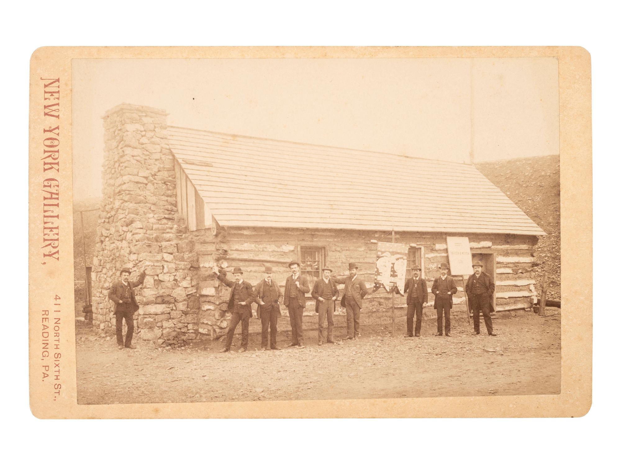 [HARRISON, Benjamin]. Albumen group portraits of Benjamin Harrison supporters posed with log cabins.