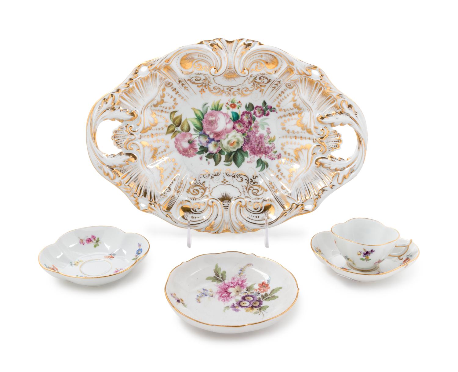 A Continental Porcelain Bowl and Four Meissen Painted and Parcel Gilt Porcelain Articles
