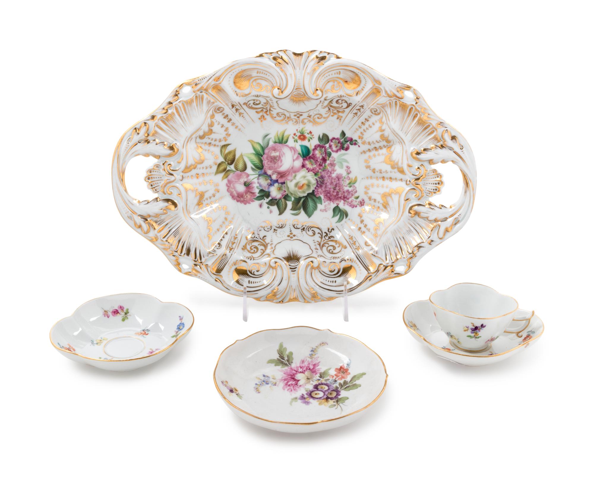 A Continental Porcelain Bowl and Four Meissen Painted and Parcel Gilt Porcelain Articles