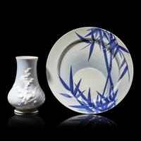 A Japanese Porcelain "Waves" Vase, Shofu Katei, and a "Moon in Bamboo" Dish, Seifu Yohei III