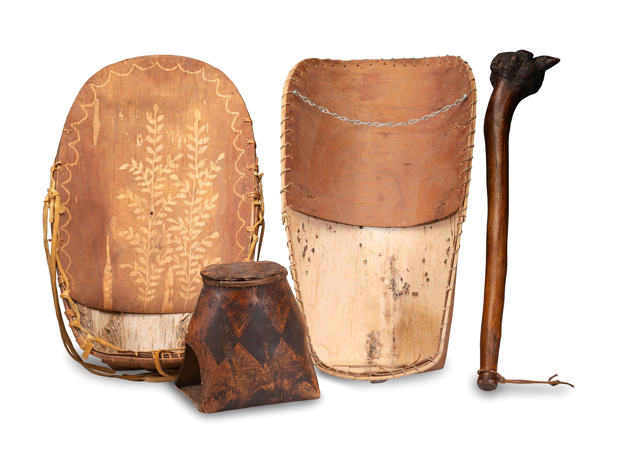 Penobscot Club and Decorated Birchbark Cradles
