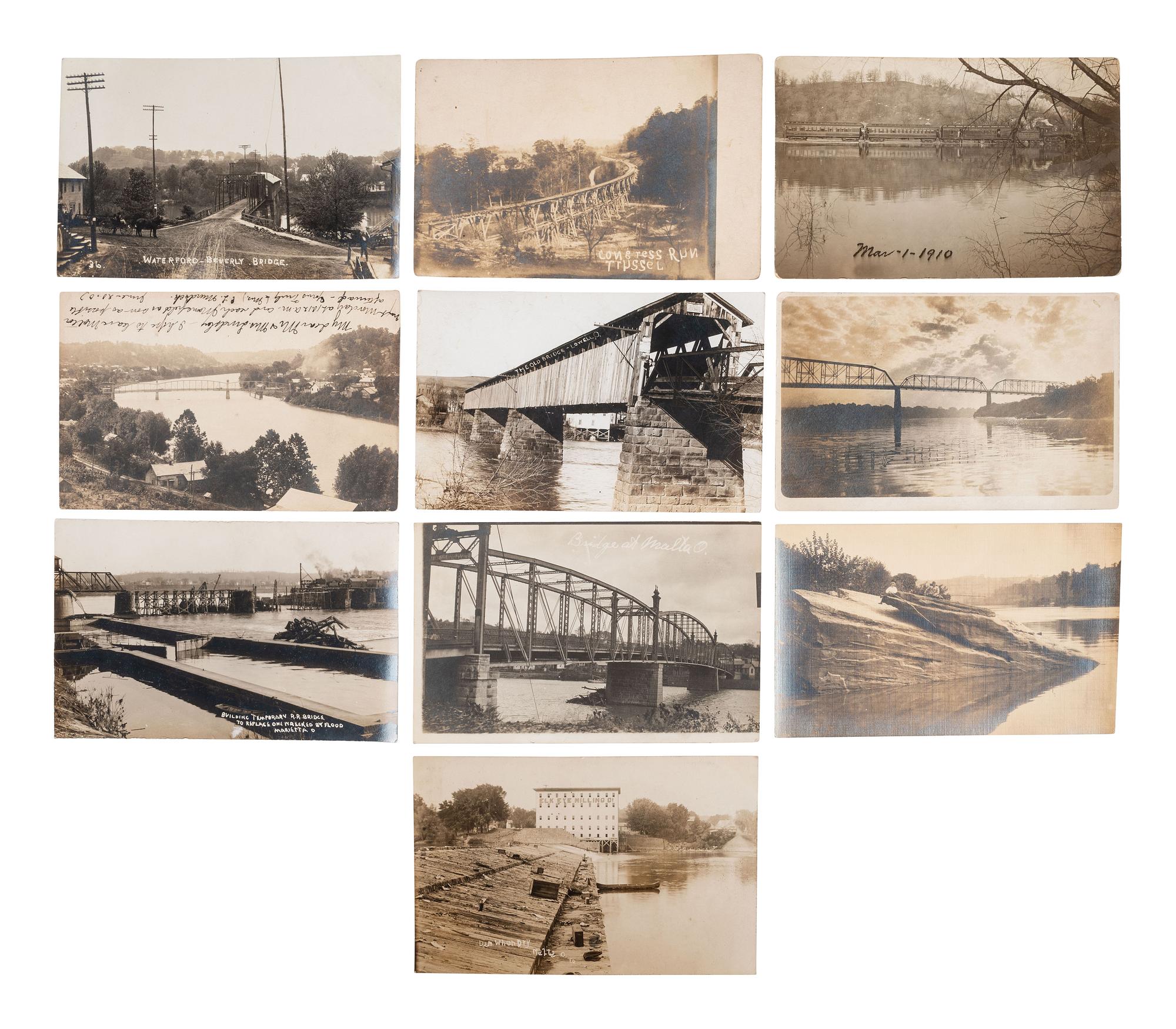 [EPHEMERA]. 42 RPPCs and 27 printed postcards of Ohio towns incl. railroads and bridges.