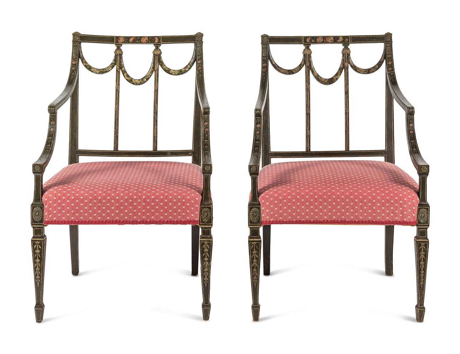 A Pair of George III Polychrome and Green-Painted Open Armchairs