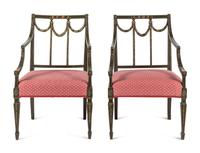 A Pair of George III Polychrome and Green-Painted Open Armchairs