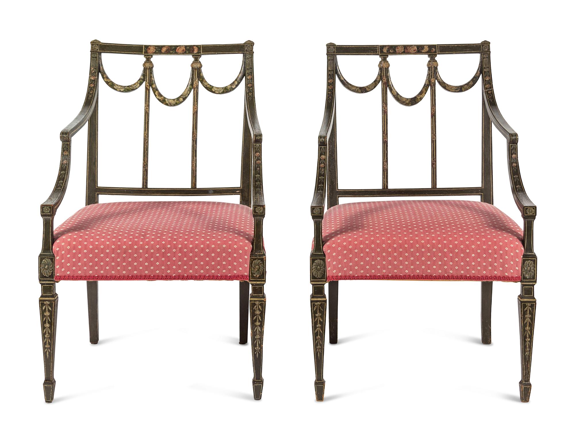 A Pair of George III Polychrome and Green-Painted Open Armchairs