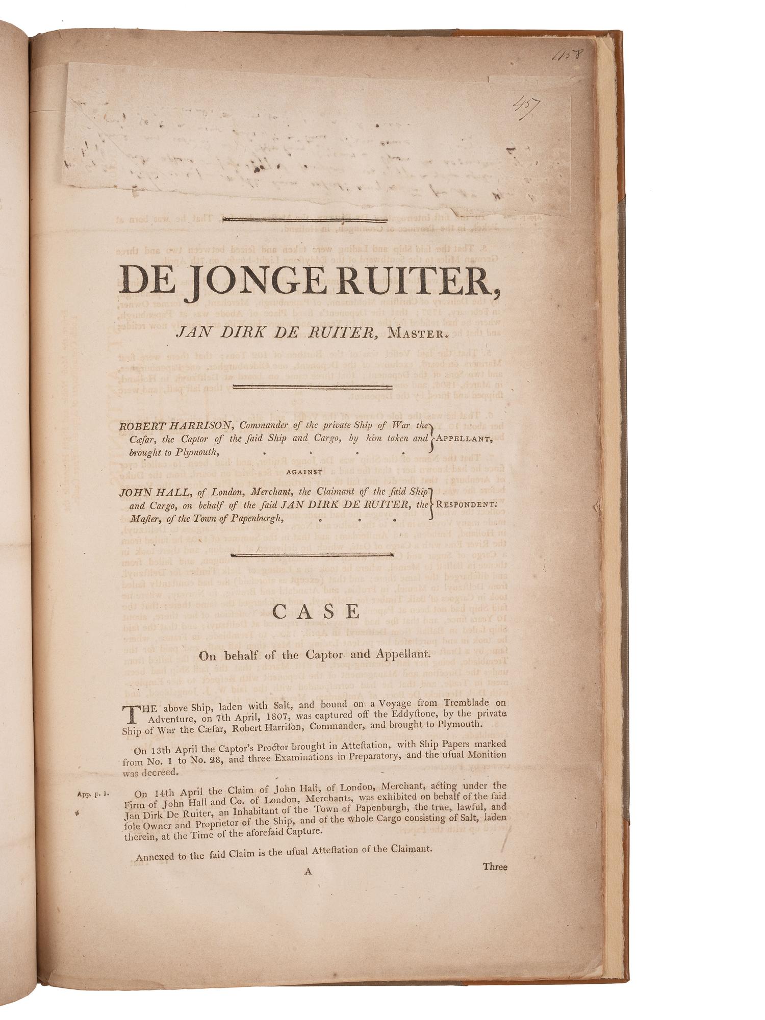 [PIRACY -- PRIVATEERS]. Four printed documents relating to appeals for ships taken prize by privateers.