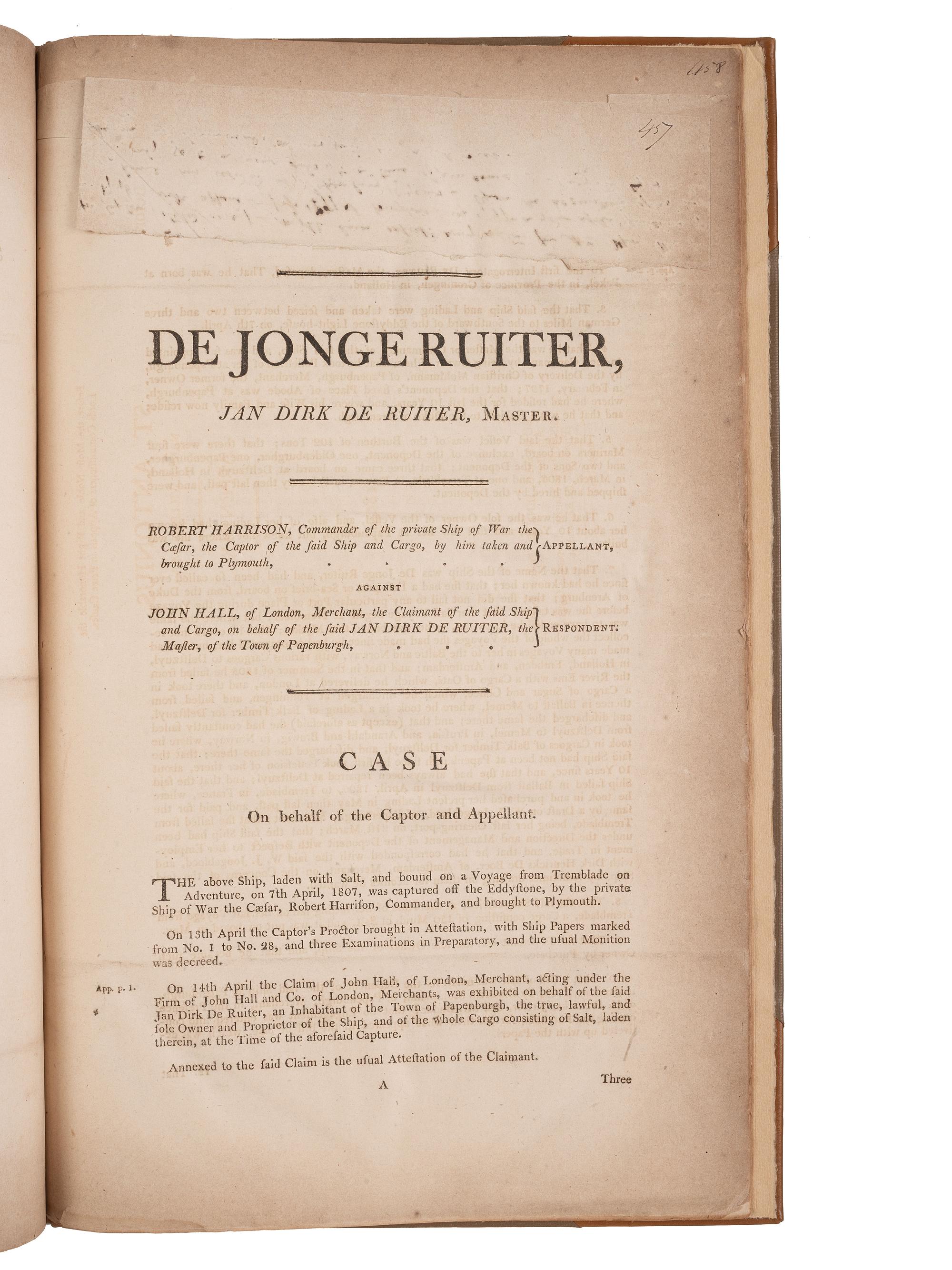 [PIRACY -- PRIVATEERS]. Four printed documents relating to appeals for ships taken prize by privateers.