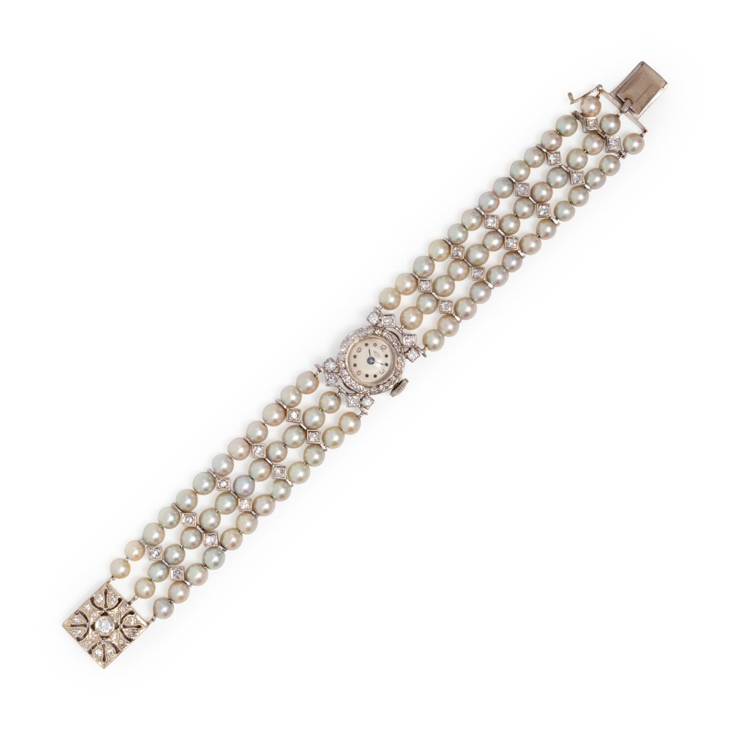14K WHITE GOLD, DIAMOND AND CULTURED PEARL WRISTWATCH