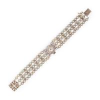 14K WHITE GOLD, DIAMOND AND CULTURED PEARL WRISTWATCH