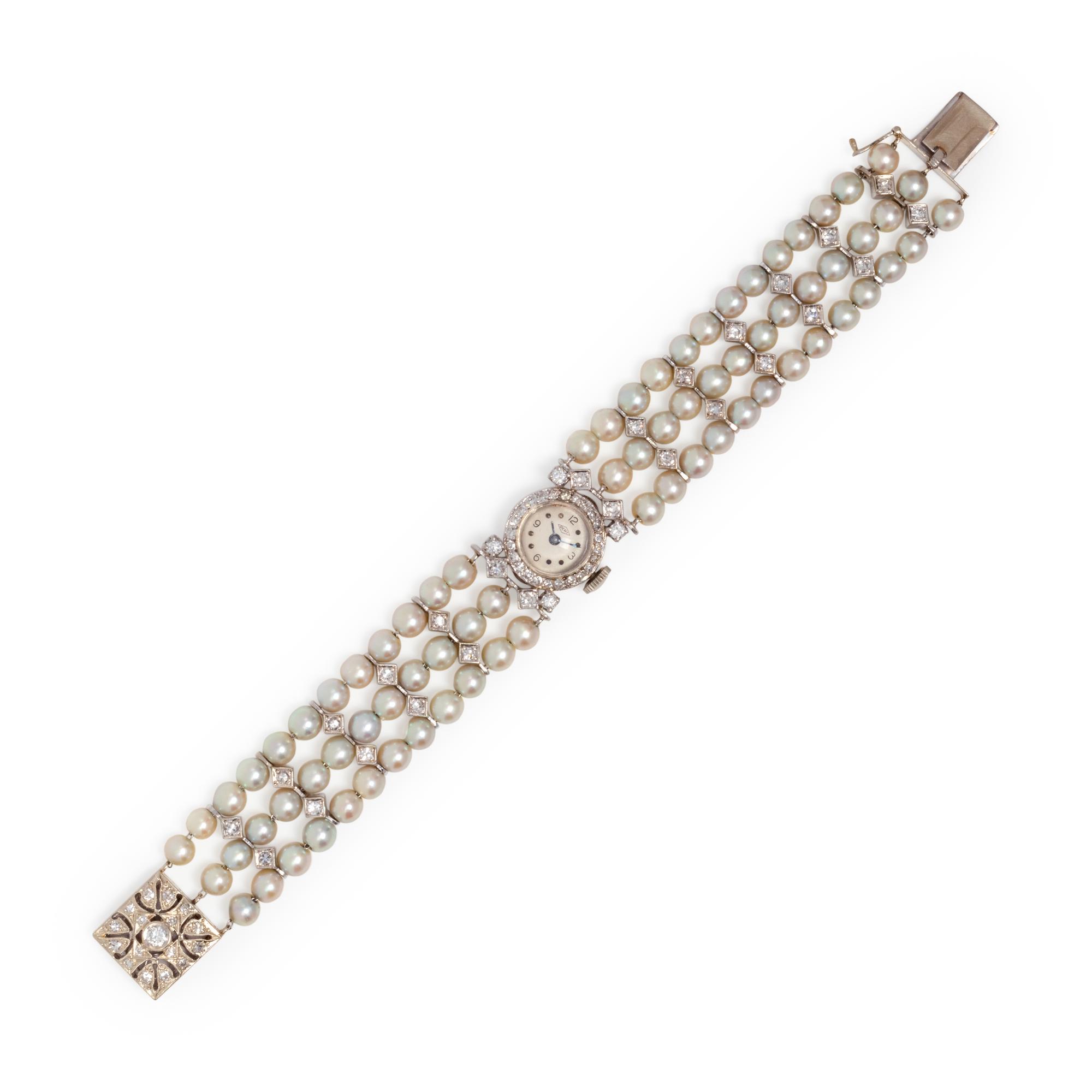 14K WHITE GOLD, DIAMOND AND CULTURED PEARL WRISTWATCH