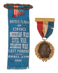 [CIVIL WAR - VETERAN ORGANIZATIONS]. Battle flag of Ohio parade ribbon and badge.