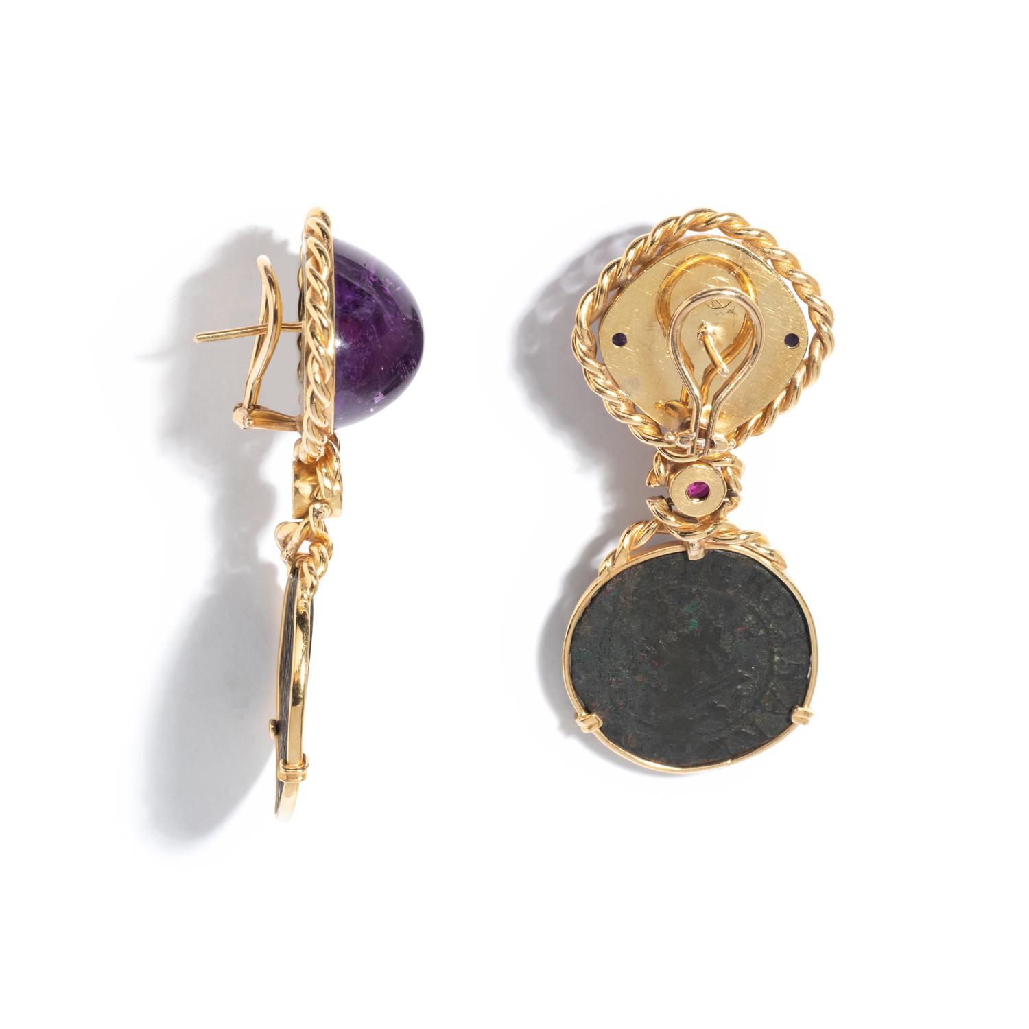 YELLOW GOLD, AMETHYST, RUBY AND COIN EARCLIPS