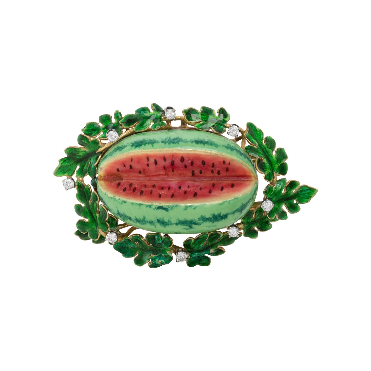 POLYCHROME ENAMEL AND DIAMOND WATERMELON BROOCH