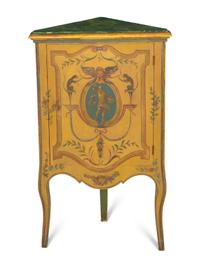 A Venetian Paint Decorated Corner Cabinet with Simulated Marble Top