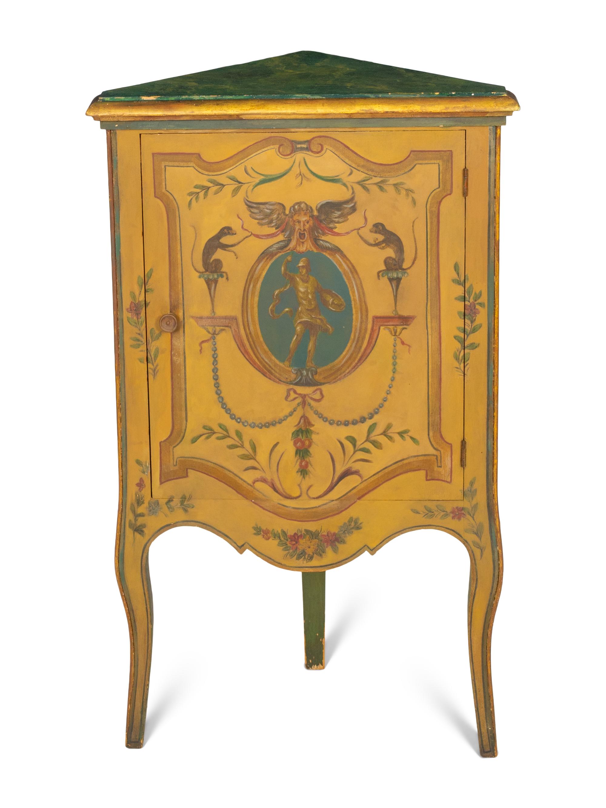 A Venetian Paint Decorated Corner Cabinet with Simulated Marble Top
