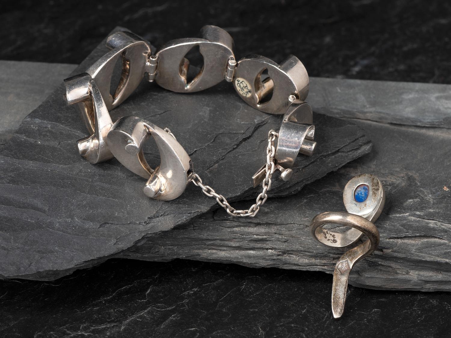 Taxco Sterling Silver Link Bracelet and Snake Ring,