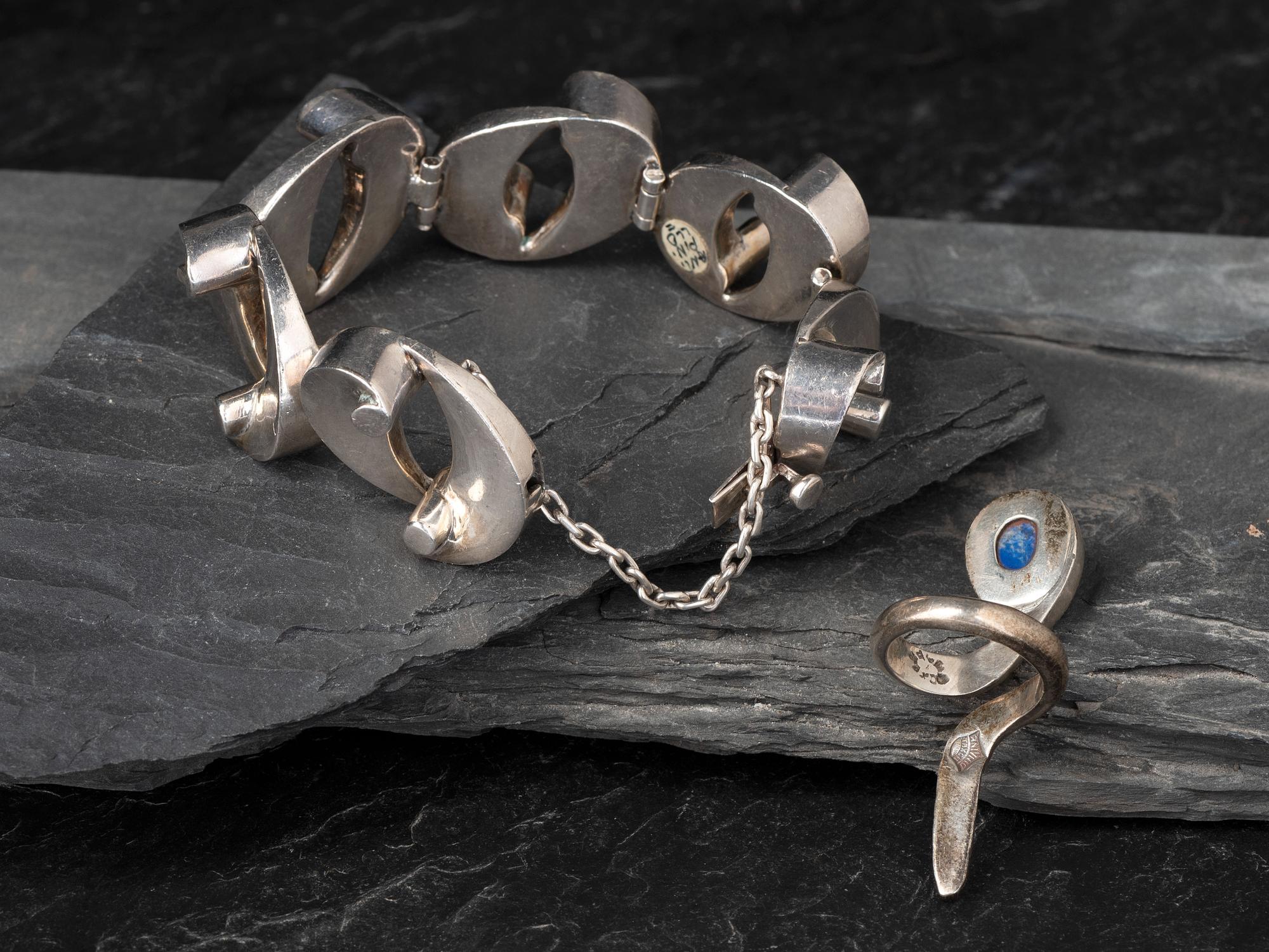 Taxco Sterling Silver Link Bracelet and Snake Ring,