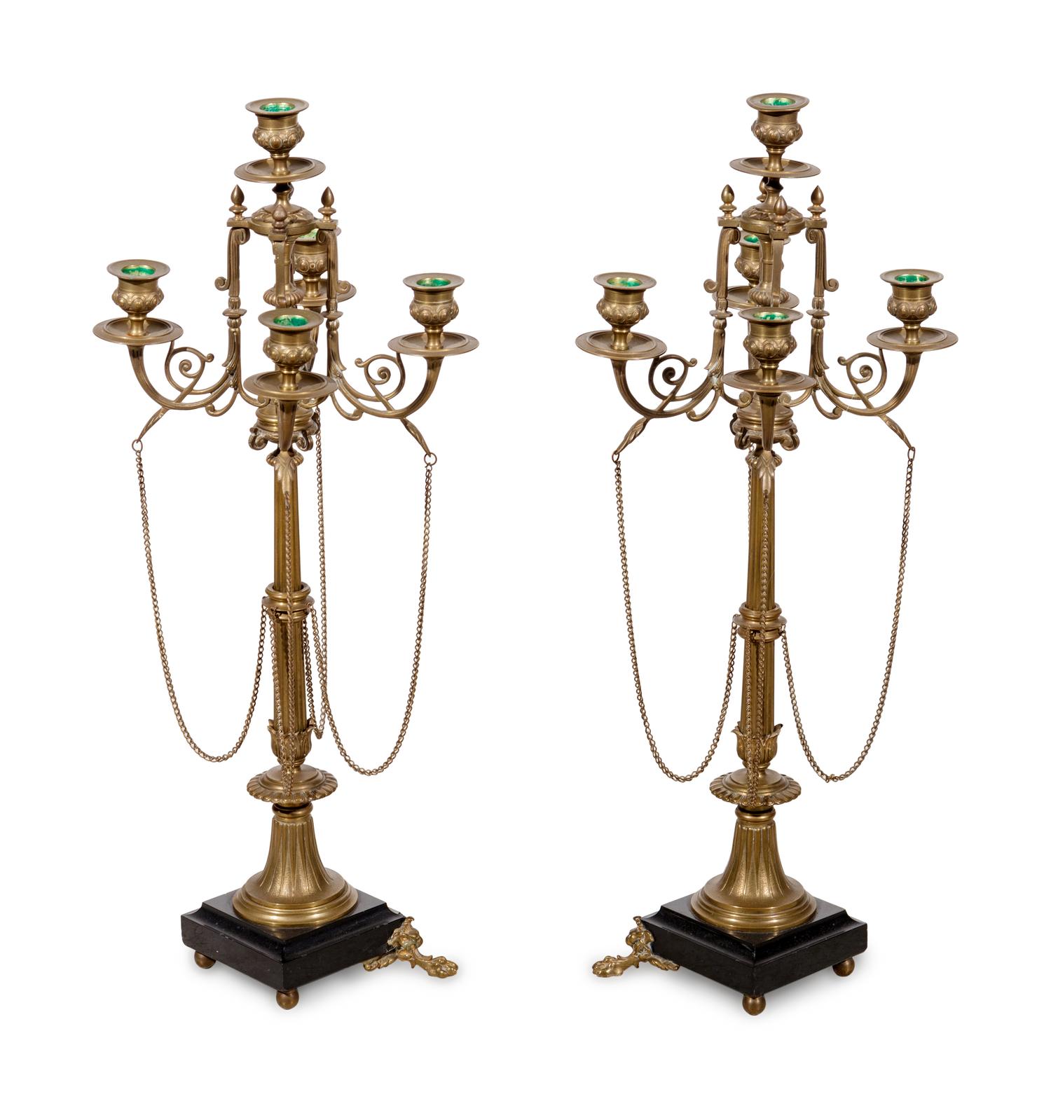A Pair of French Neoclassical Gilt Bronze Five-Light Candelabra