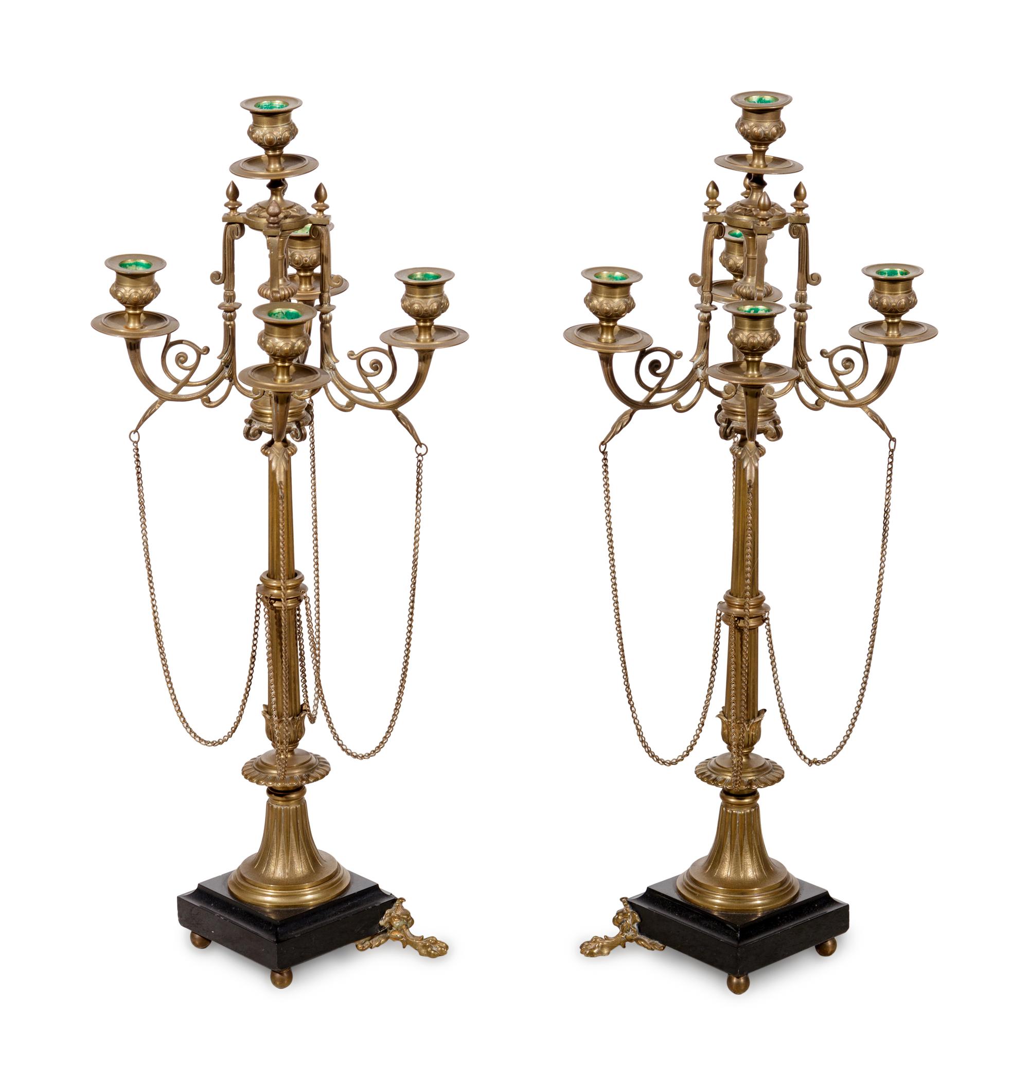 A Pair of French Neoclassical Gilt Bronze Five-Light Candelabra