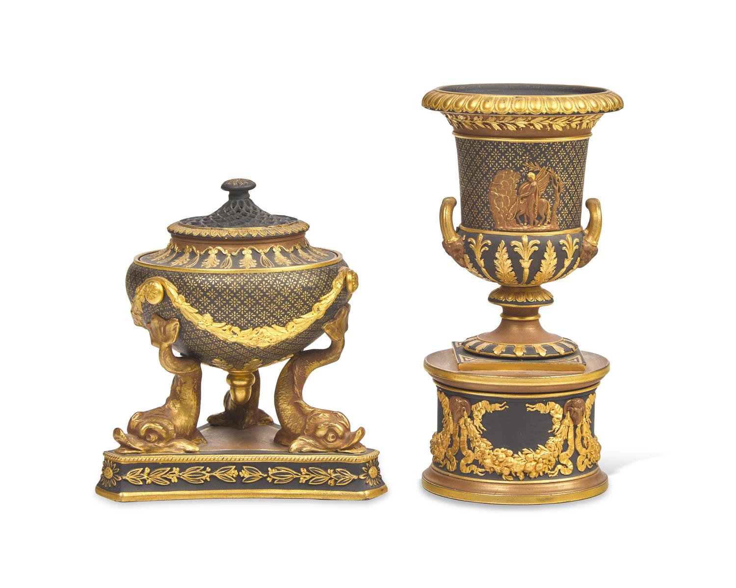 Two Wedgwood Black Basalt and Parcel-Gilt Censers