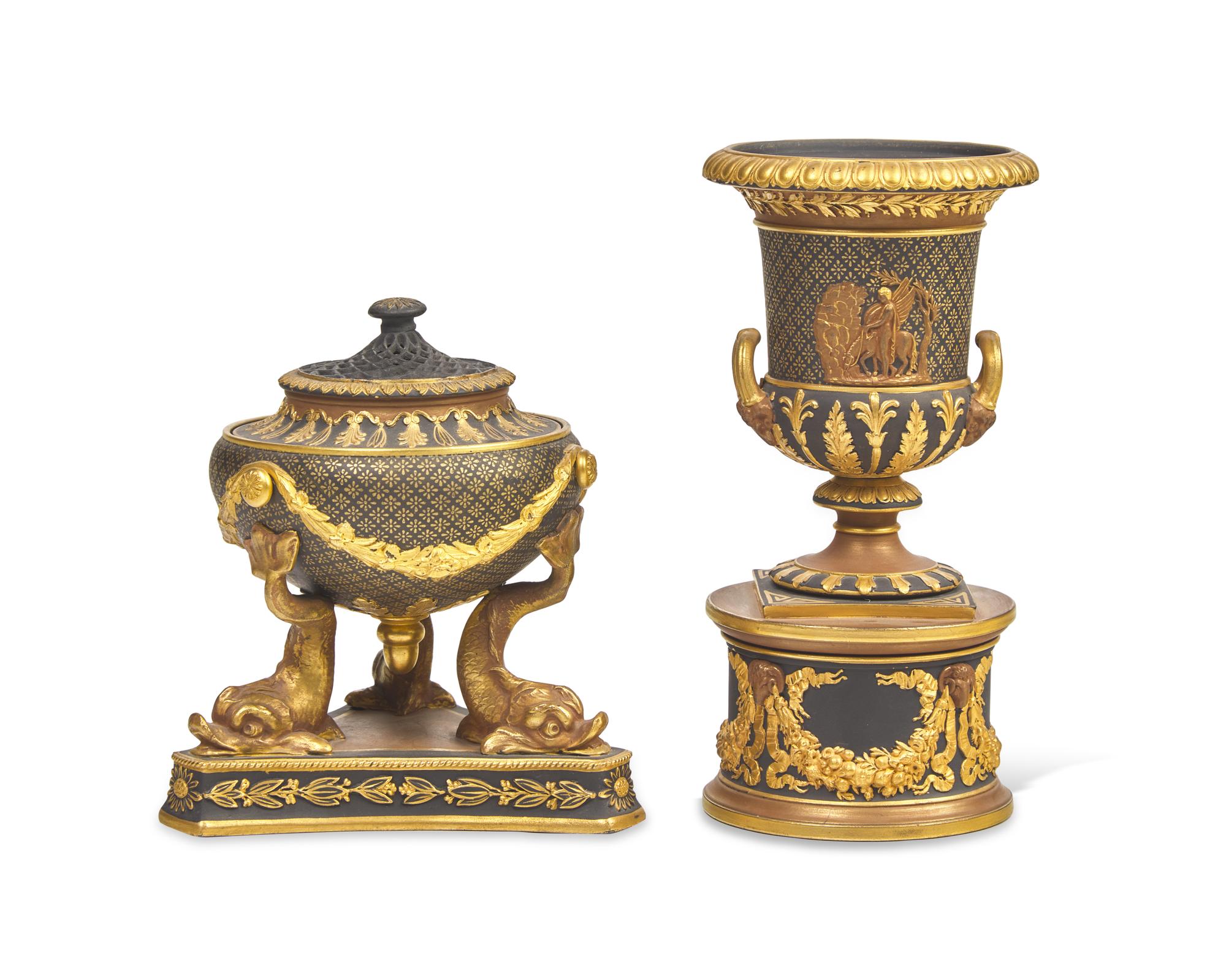 Two Wedgwood Black Basalt and Parcel-Gilt Censers