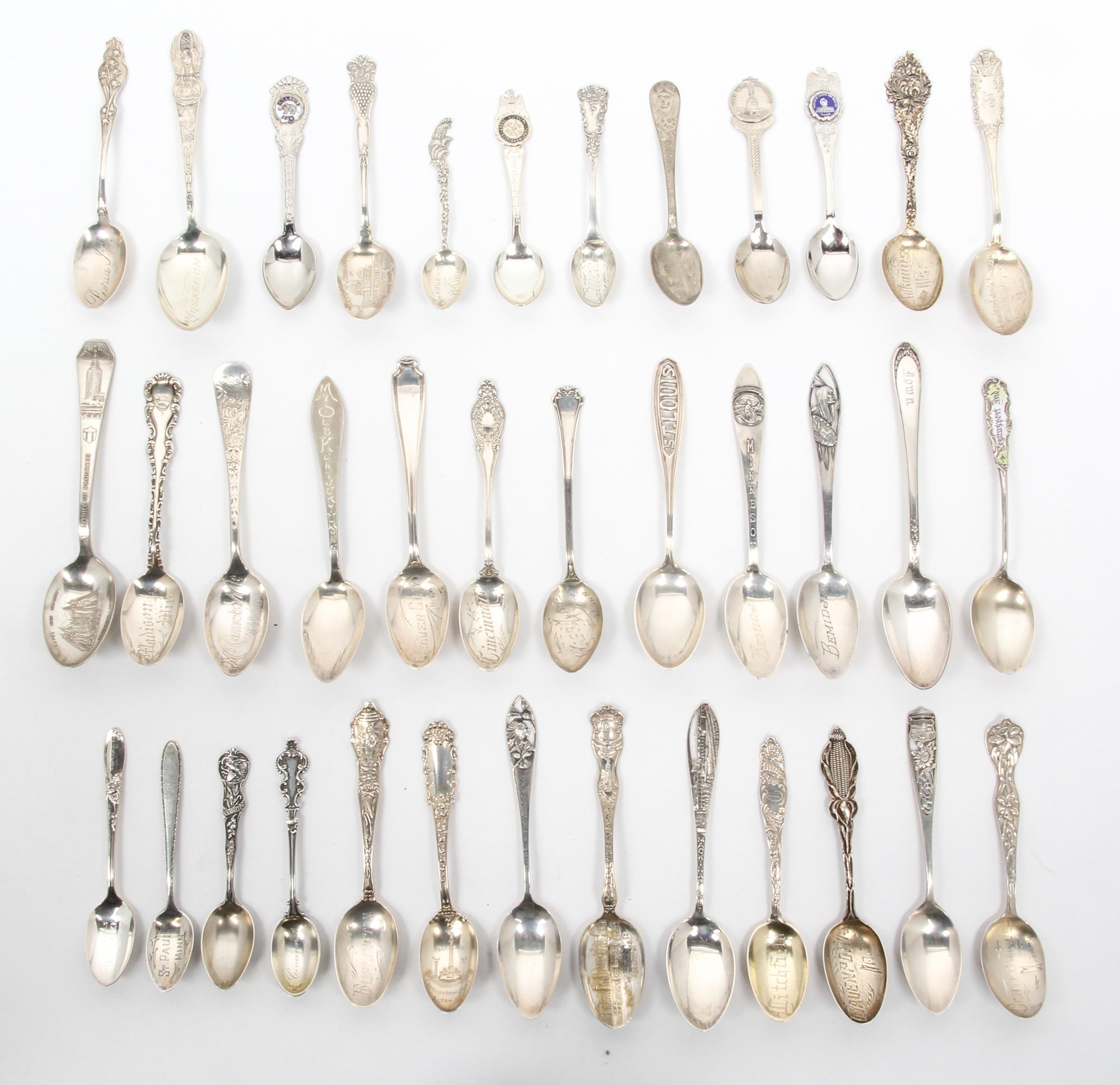 A Collection of American Souvenir Spoons, 20TH CENTURY, comprising silver and silver-plate spoons; including Chicago and Midwest state