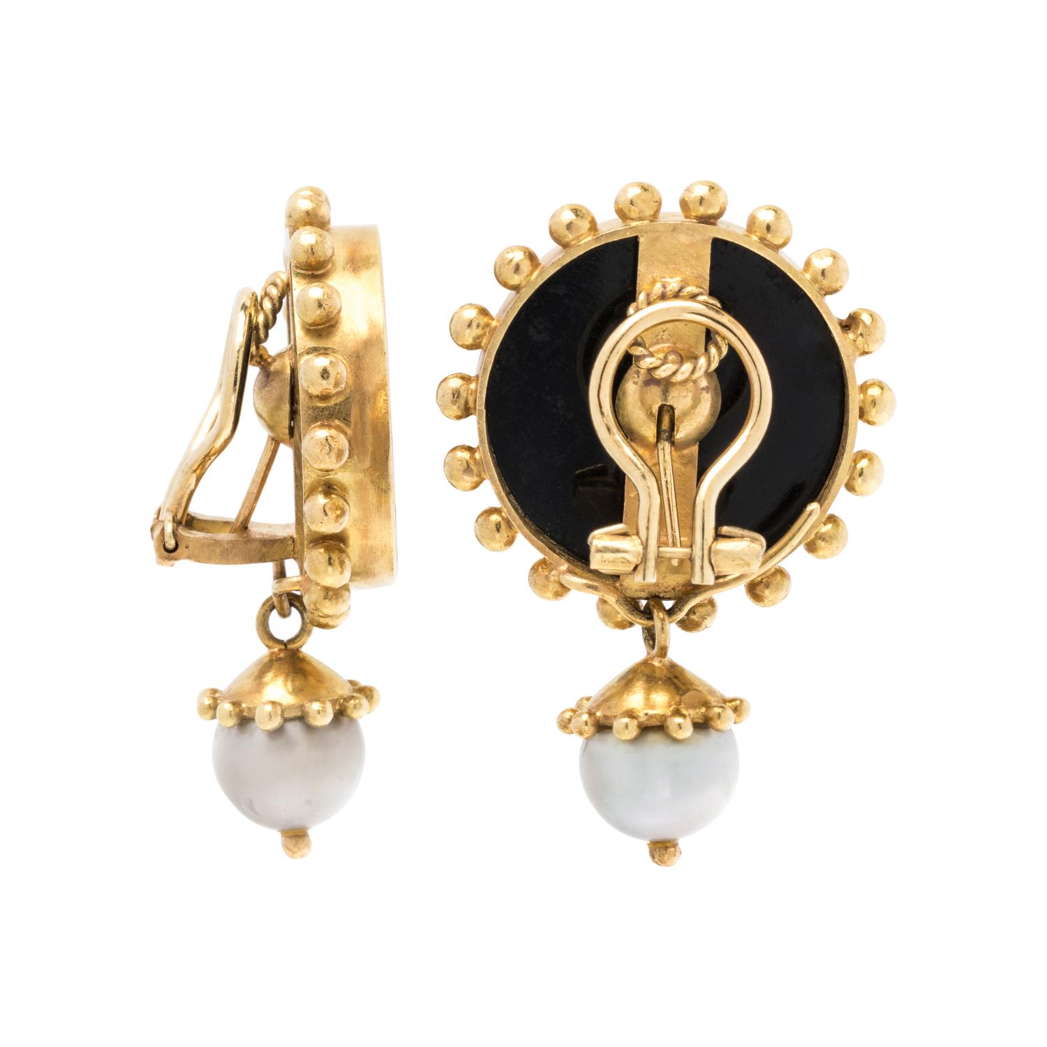 ELIZABETH LOCKE, CONVERTIBLE GLASS INTAGLIO AND CULTURED PEARL EARCLIPS