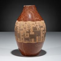Redware Pottery Jar, with Sgraffito Deer and Parrots